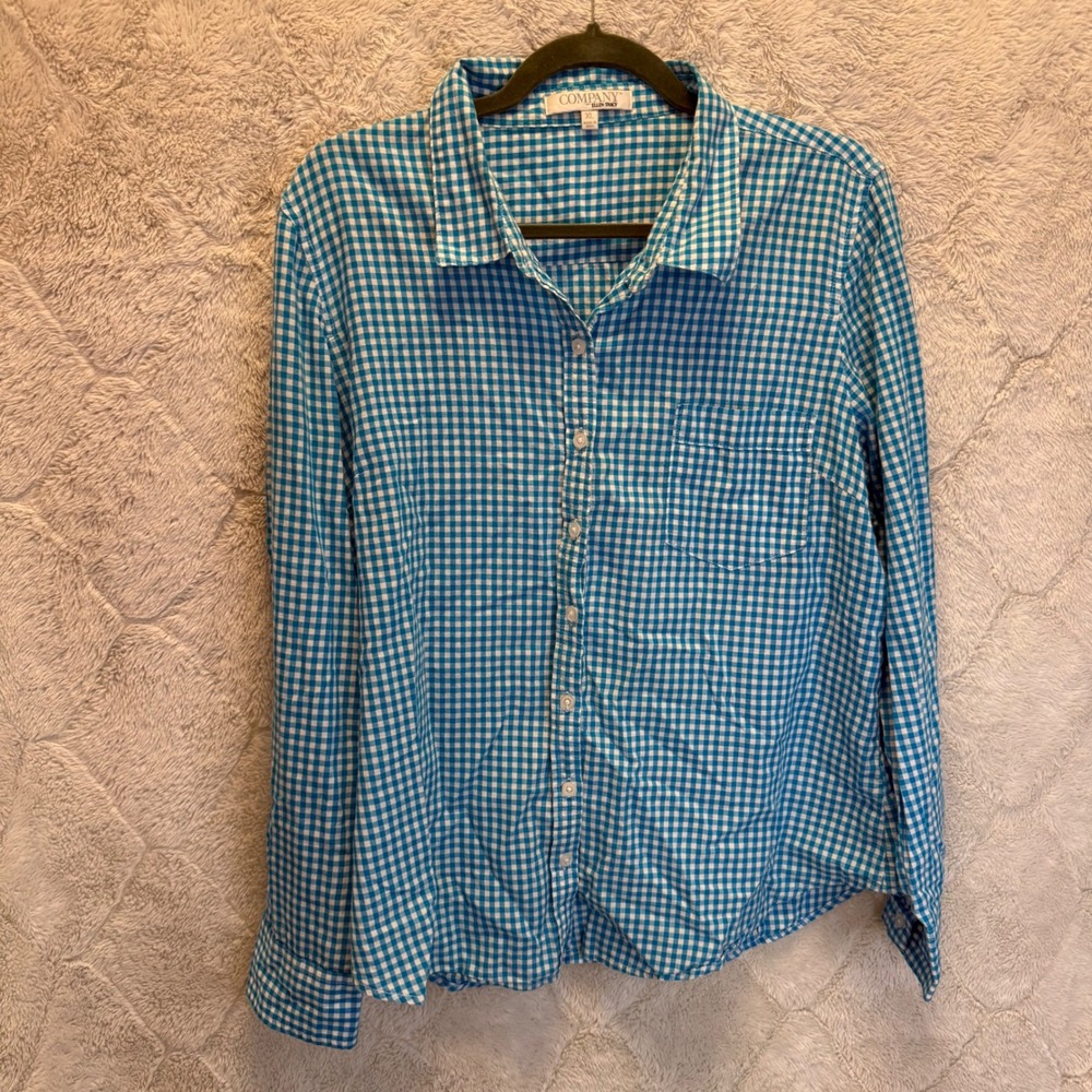 Company Ellen Tracy XL Aqua Gingham Button Down Shirt 100% Cotton Check Preppy